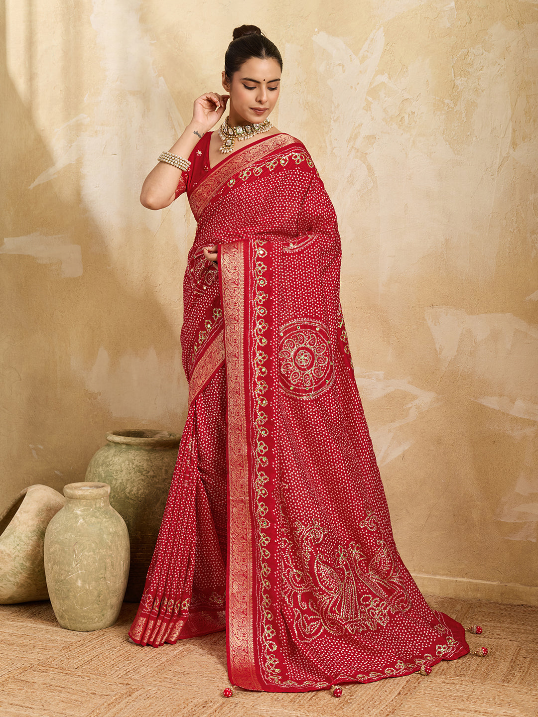 KcPc Designer Viscos Silk Bandhani PrintAari tari work SareeRed GAN