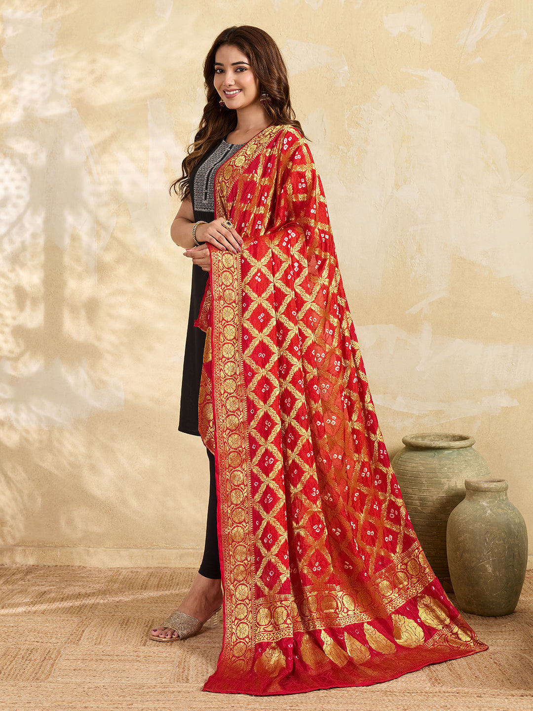 KcPc Special Silk Bandhani Dupatta with Handmade Work Orange RedSA