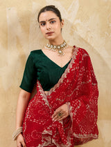 By Bandhani Saree With Kashida Emboridory Work