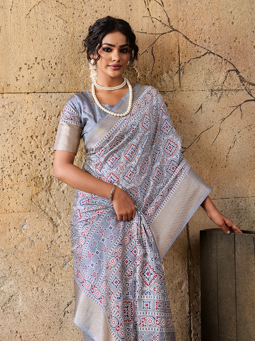 Buy Cotton silk Ajrakh style Saree Kcpc img - 1