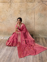  Cotton silk Ajrakh styleSaree in peach colour