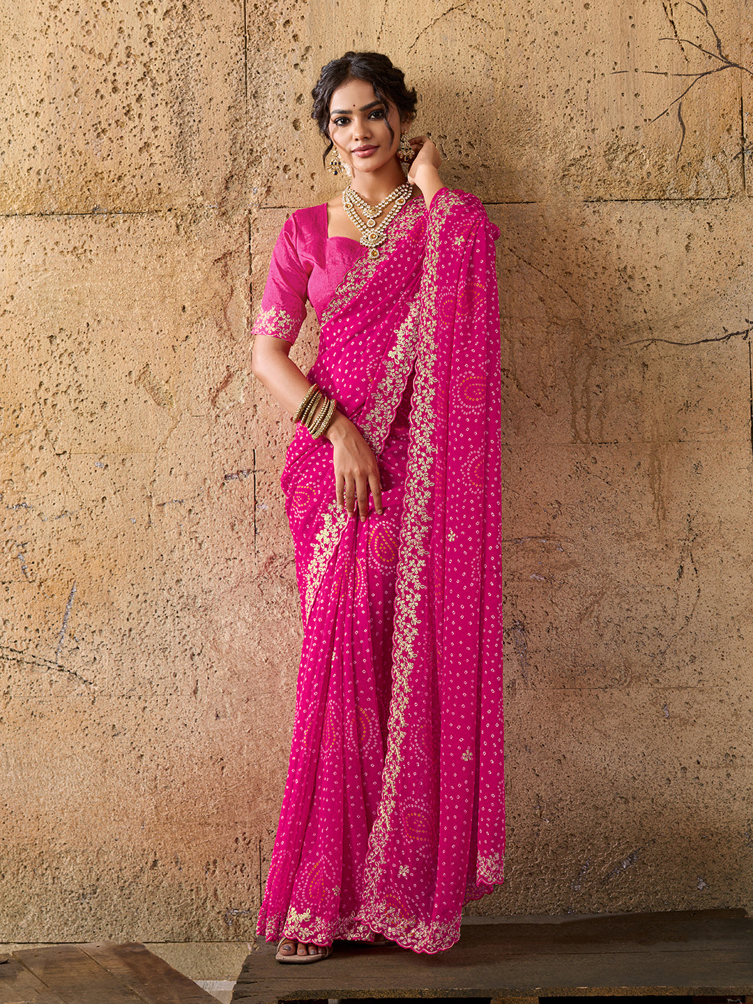 Chiffon Hand Pitta Aari Work Bandhani Sareein rani colour