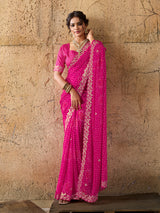Chiffon Hand Pitta Aari Work Bandhani Sareein rani colour