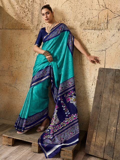 By Latest Dola Silk Printed Style With Zari Border Work Saree
