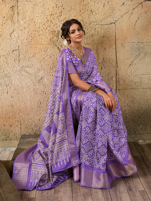 KcPc New Cotton silk Ajrakh style With Ajrakh HandPrint Work Saree STL