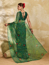 Buy green colour geometric patterned saree with bandhani style dots under 500
