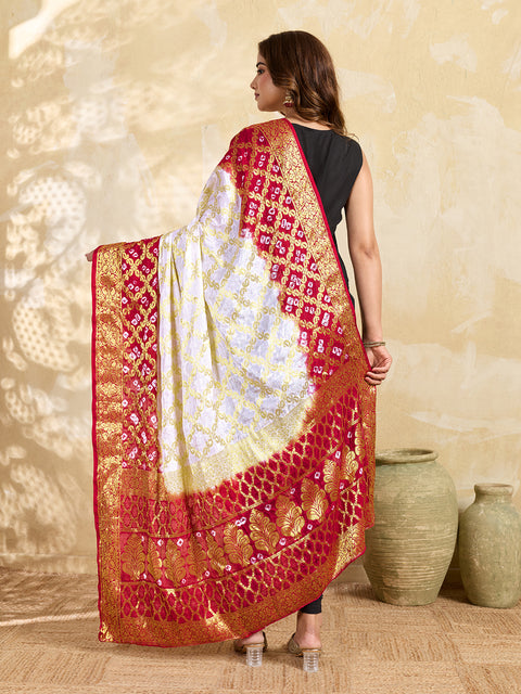 KcPc Special Silk Bandhani Dupatta with Handmade Work White Red  SA