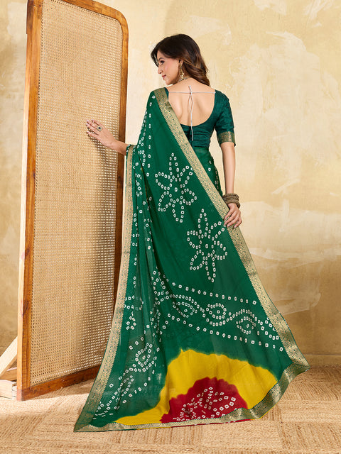 KcPc New Elegant Moss Chiffon Georgette Bandhani Saree with Zari Border KDN