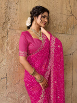 Chiffon Hand Pitta Aari Work Bandhani Sareein rani colour