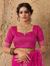 Chiffon Hand Pitta Aari Work Bandhani Sareein rani colour