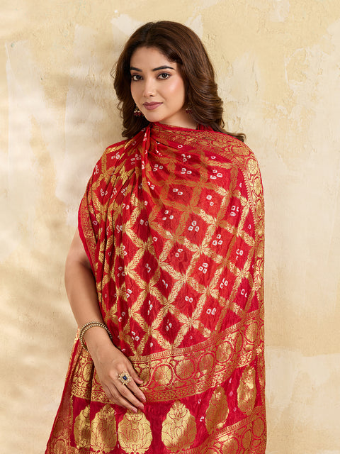 KcPc Special Silk Bandhani Dupatta with Handmade Work Orange Red  SA