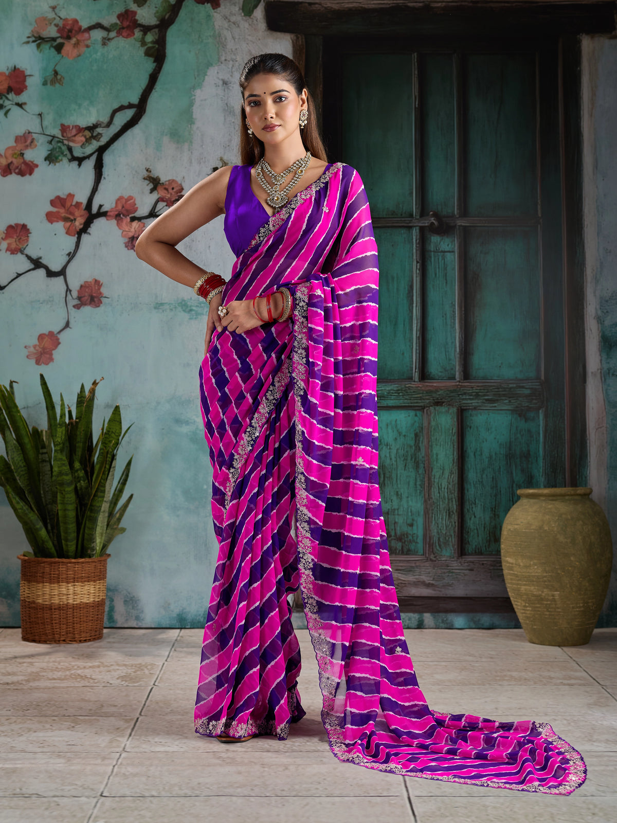 KcPc Festive Georgette Leheriya Saree with Peturn Work SWA