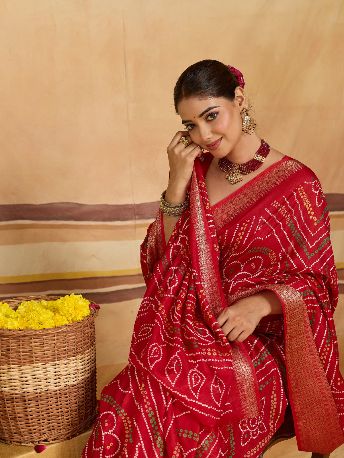 KcPc New Cotton Silk Bandhani Style With Zari Border Work Saree STL