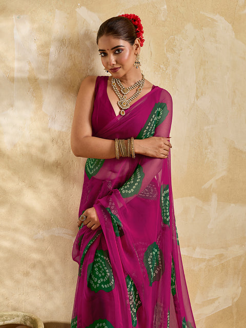  A bright pink saree with bandhani print under 500