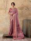 Buy peach and pink ajrakh style cotton silk saree 