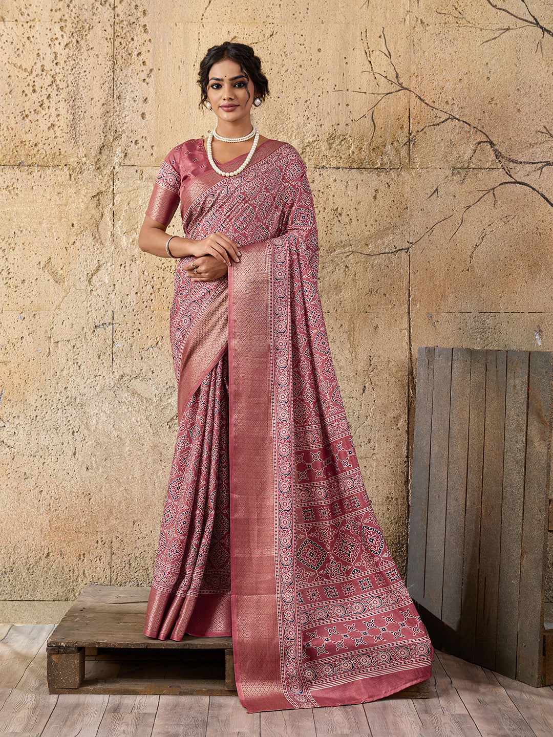 Buy peach and pink ajrakh style cotton silk saree 