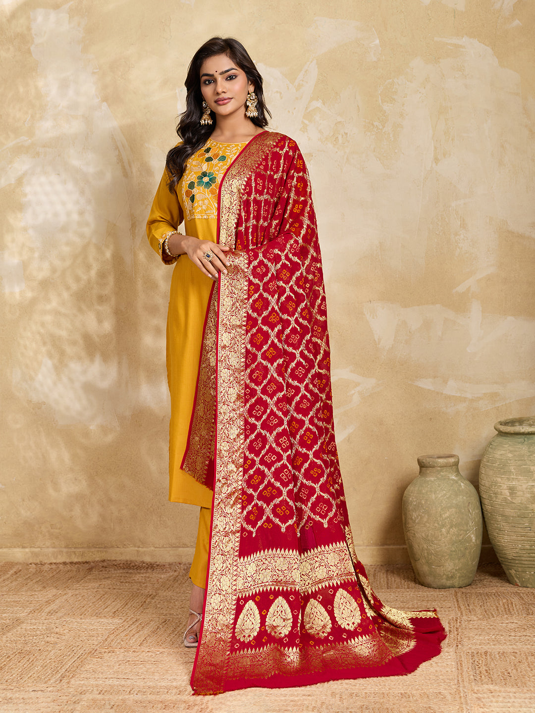 KcPc New Georgette Bandhani Zari Print Dupatta