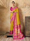 yellow and pink Silk Printed Style With Zari Border Work Saree 