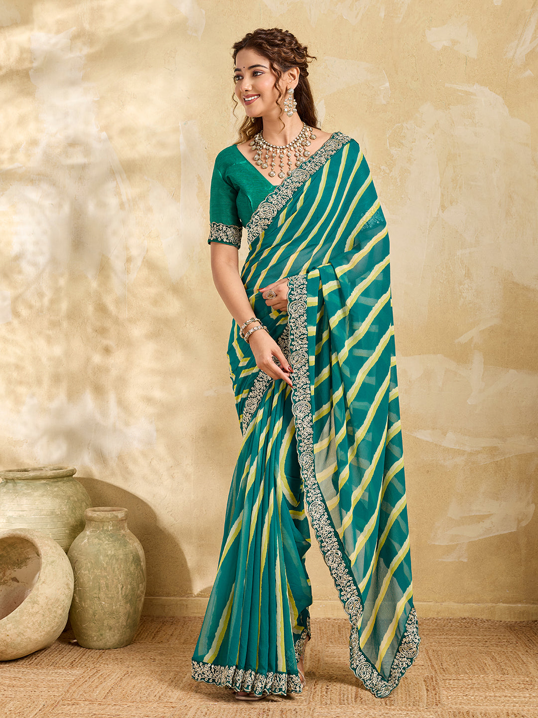 By New Beautiful Chiffon Leheriya Style With Embroidery Border Work Saree