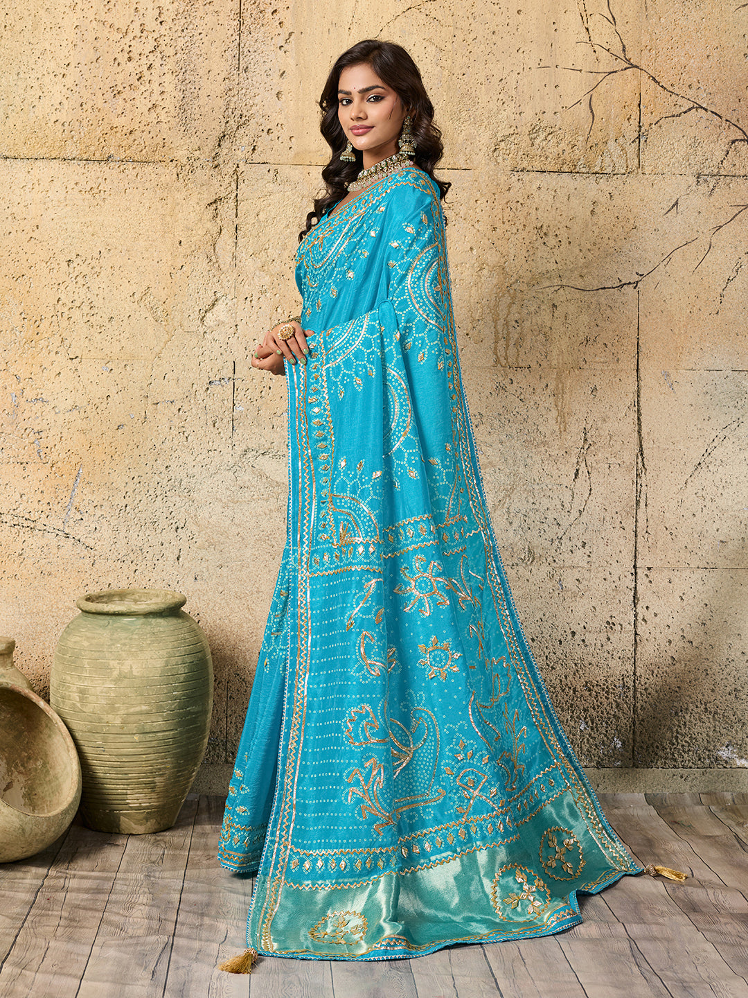 Buy Bandhani with Kachha Gota Patti Glow Modal Silk Saree Kcpc