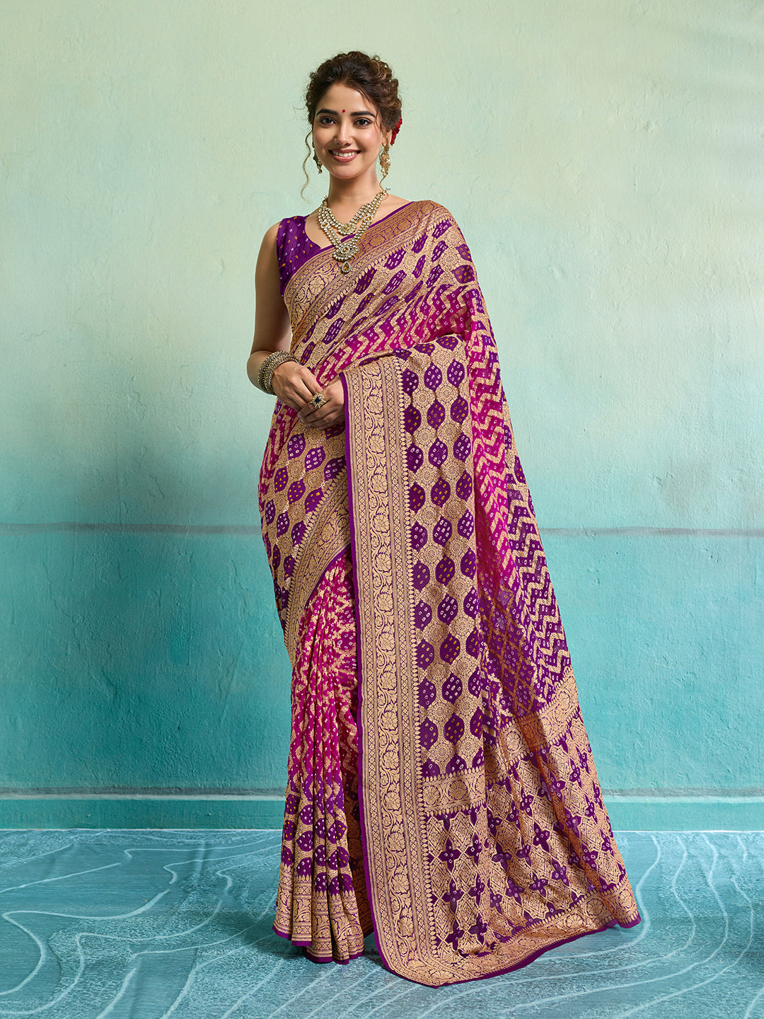 KcPc New Launch Pure Khaddi Georgette Upada Neemzari Bandhej SareePink Purple D1