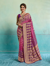 KcPc New Launch Pure Khaddi Georgette Upada Neemzari Bandhej SareePink Purple D1
