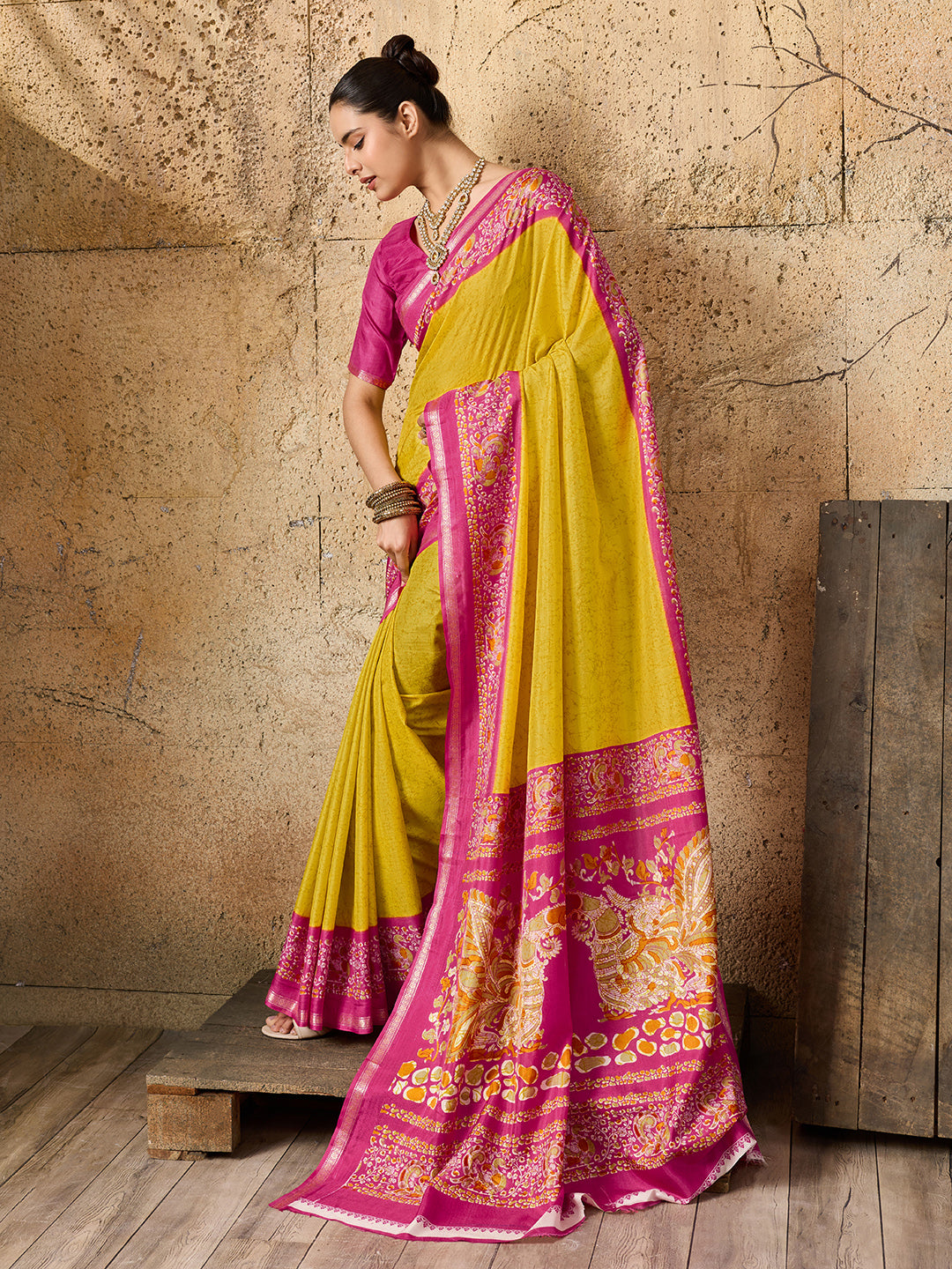 yellow and pink Silk Printed Style With Zari Border Work Saree 