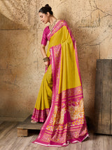 yellow and pink Silk Printed Style With Zari Border Work Saree 