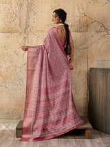 Buy peach and pink ajrakh style cotton silk saree 