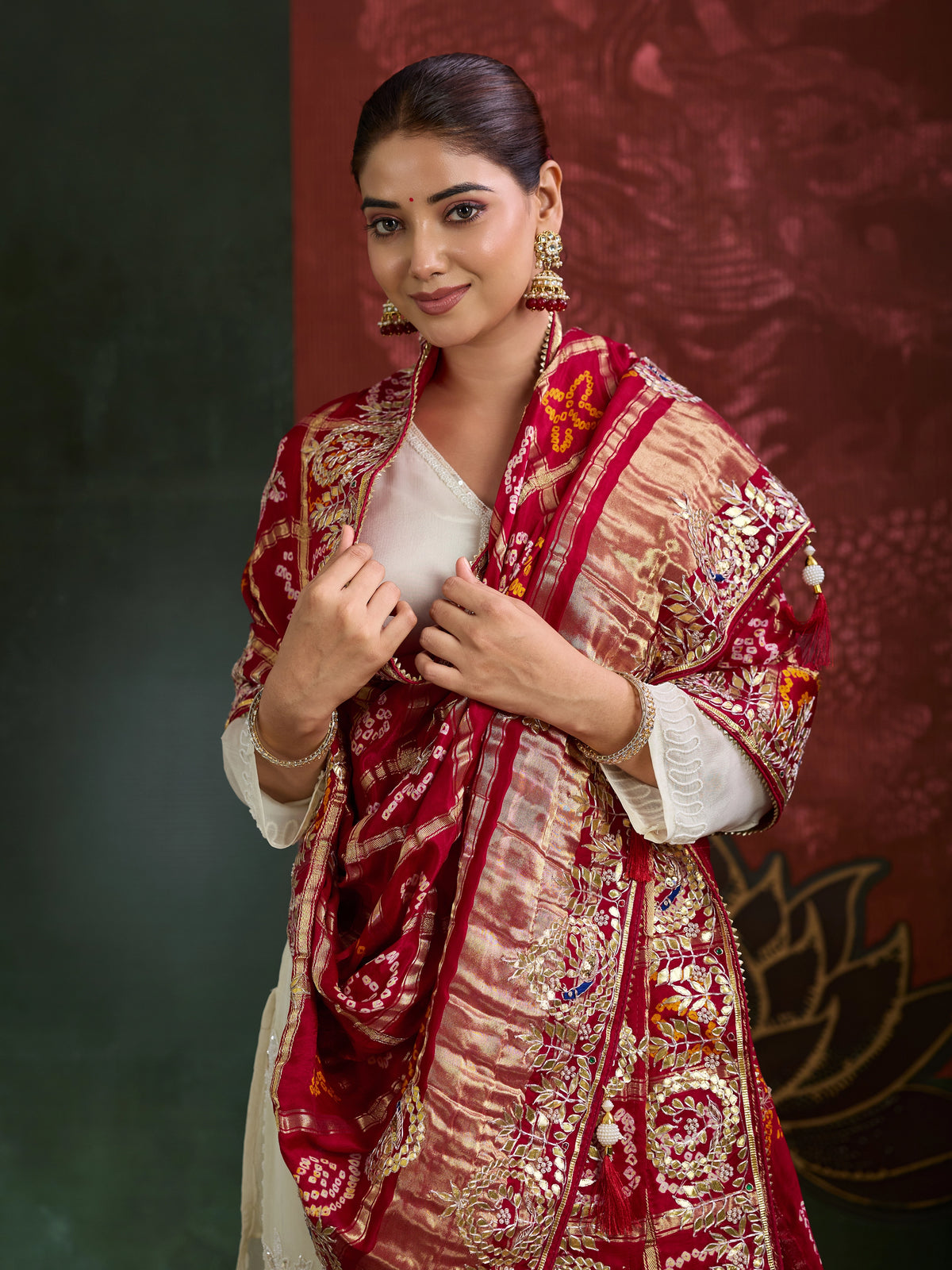 KcPc Designer Pure Gaji Silk Banarasi Bandhej Ghatchola Gotapatti Work DupattaAMT