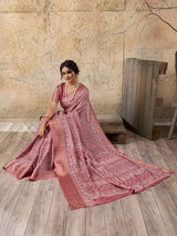 Buy peach and pink ajrakh style cotton silk saree 