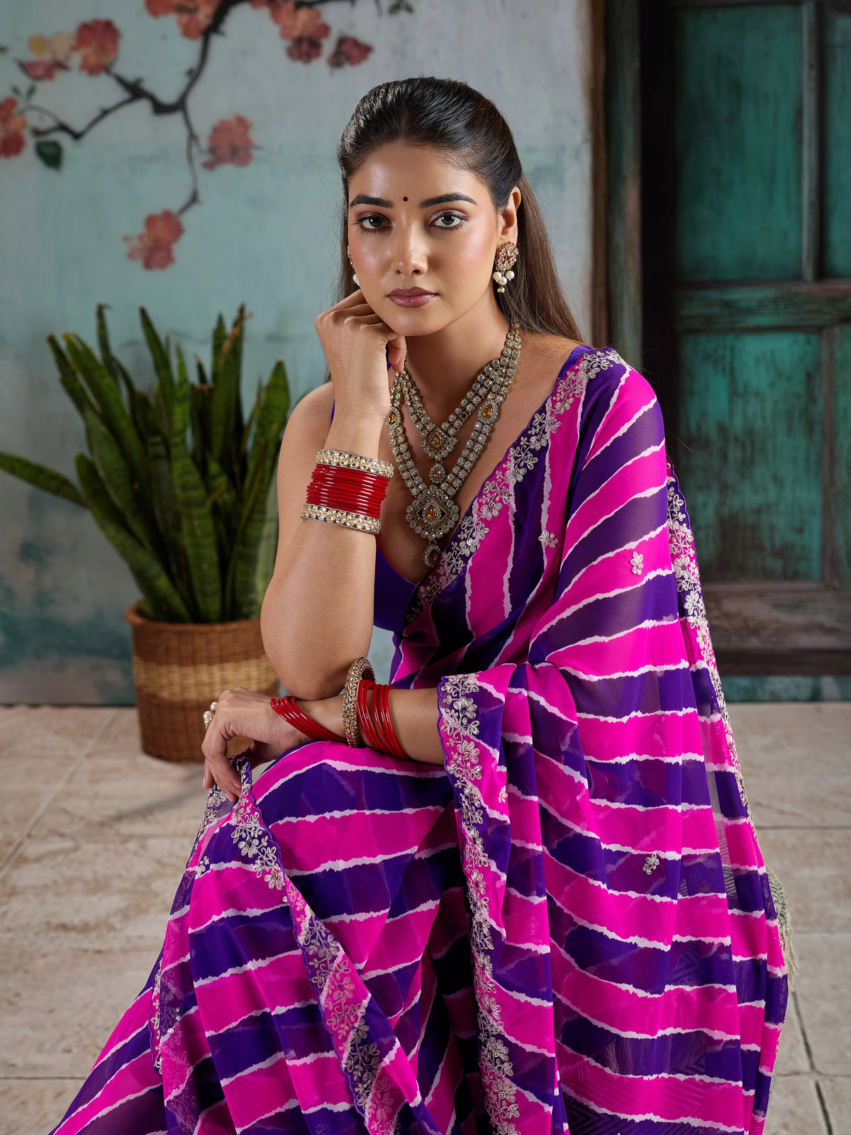 KcPc Festive Georgette Leheriya Saree with Peturn Work SWA