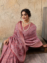 Buy peach and pink ajrakh style cotton silk saree 