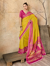 yellow and pink Silk Printed Style With Zari Border Work Saree 