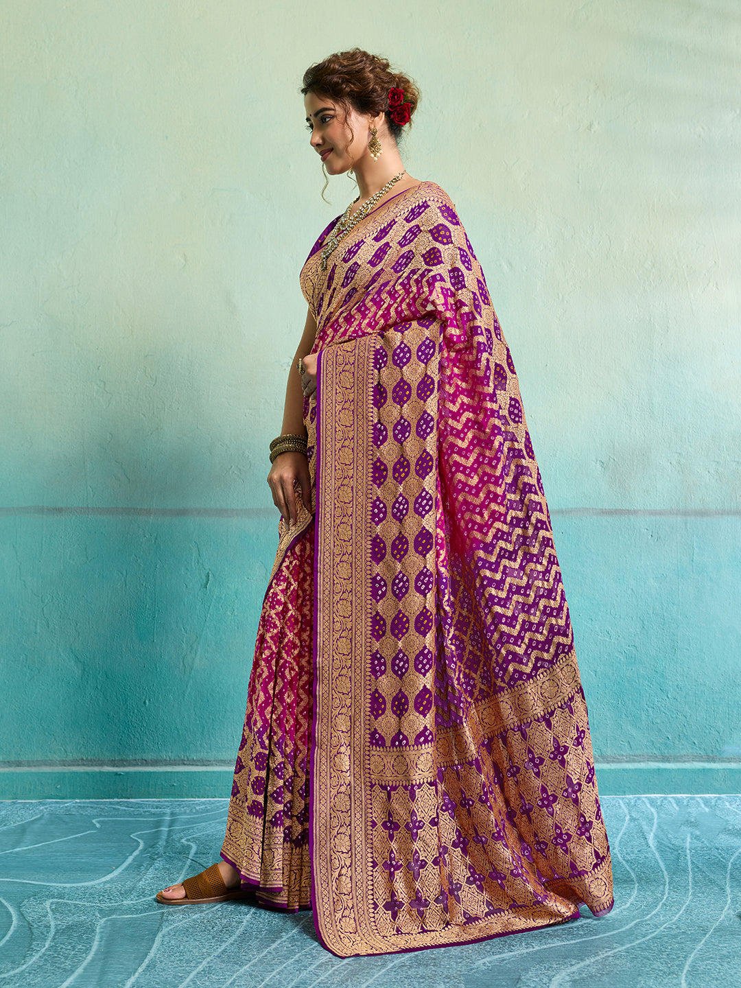 KcPc New Launch Pure Khaddi Georgette Upada Neemzari Bandhej SareePink Purple D1