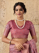 Buy peach and pink ajrakh style cotton silk saree 
