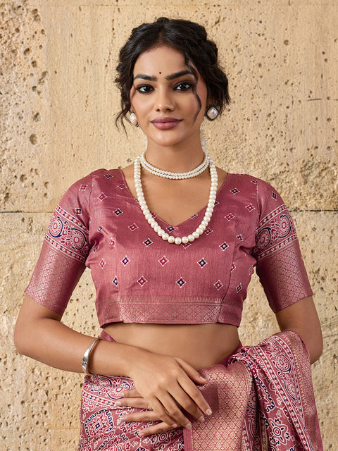 Buy peach and pink ajrakh style cotton silk saree 
