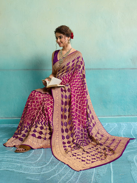 KcPc New Launch Pure Khaddi Georgette Upada Neemzari Bandhej Saree  Pink Purple D1