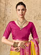 yellow and pink Silk Printed Style With Zari Border Work Saree 