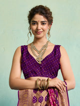 KcPc New Launch Pure Khaddi Georgette Upada Neemzari Bandhej SareePink Purple D1