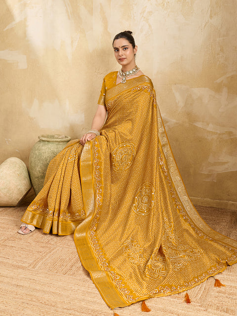 KcPc New Viscos Silk Bandhani Print Gotapatti Aaritari work Saree Green GAN