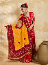 KcPc Pure Georgette Handmade Bandhej With Zari Thread Work Chunri (Pomcha)