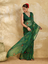 Buy green colour geometric patterned saree with bandhani style dots under 500
