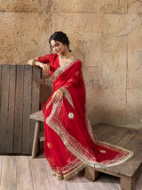 Buy Red saree with gold embroidery gatapati work in red colour