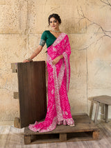 Buy Bandhani Saree With Elegant Peturn Work