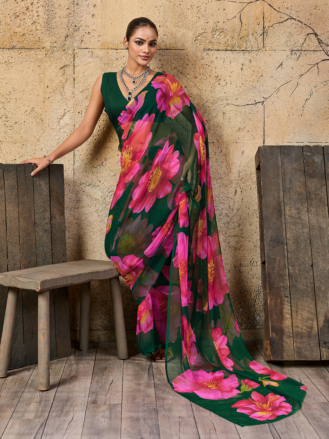  Georgette Flower Printed Style Saree in black colour