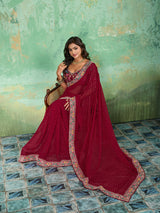  Georgette Bandhani With Gotapatti Work Saree in red colour