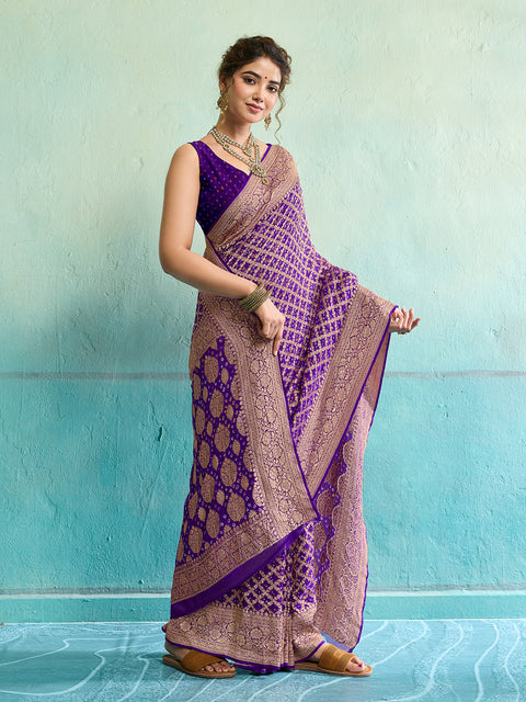 KcPc New Launch Pure Khaddi Georgette Upada Neemzari Bandhej Saree  Purple