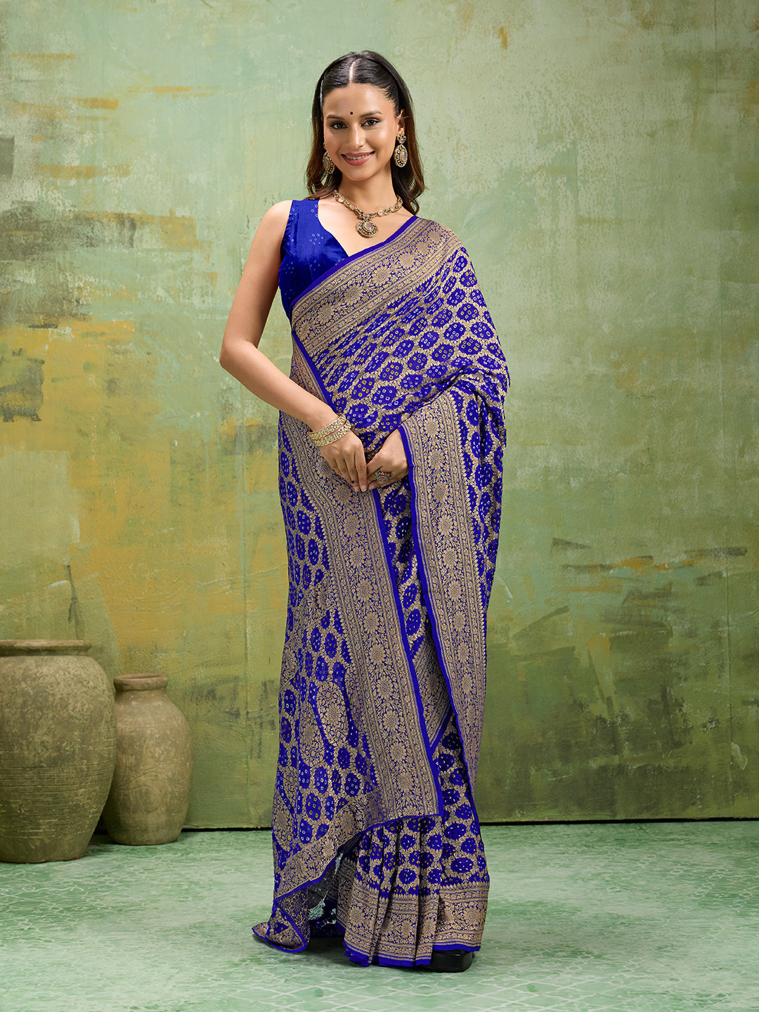 KcPc New Launch Pure Khaddi Georgette Upada Neemzari Bandhej SareeRoyal Blue