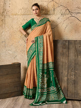 green and orange saree withSilk Printed Style With Zari Border Work 
